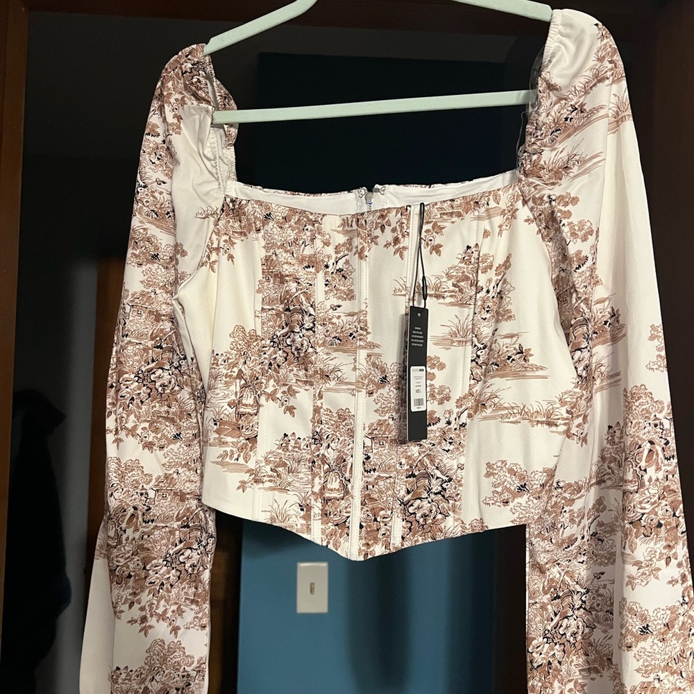 Fashion Nova Cream and Brown Floral Blouse